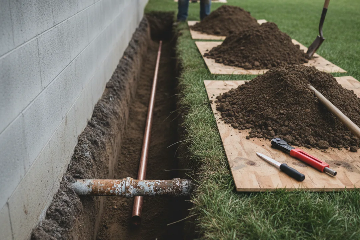 Excavated water line trench during Water Softener Installation in Sangerville